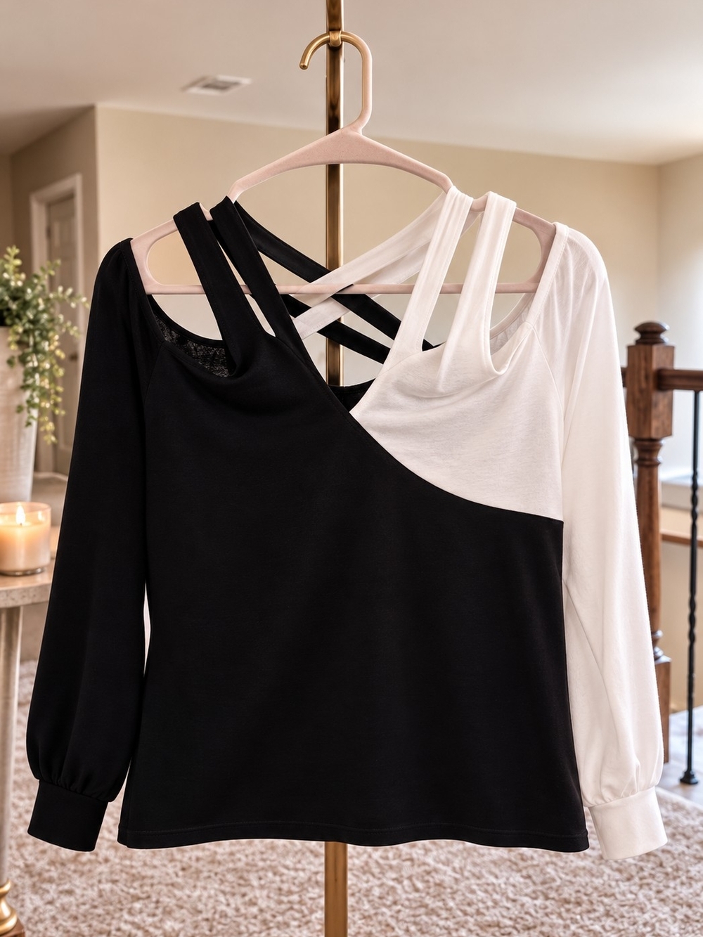 ChicMe Black and White Long-Sleeve Asymmetrical Strappy Top